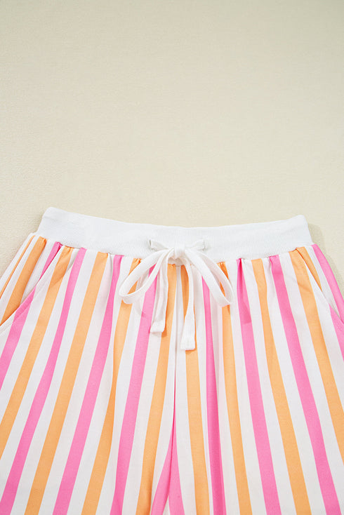 Vertical-Stripe Drop-Shoulder Half-Sleeve Crewneck Contrast-Band Short Set